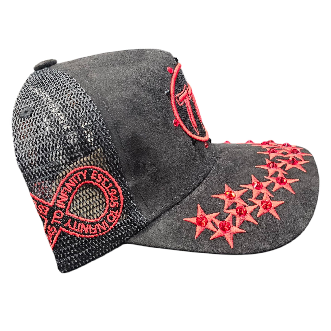 HUDSON SUEDE TRUCKER HAT WITH RHINESTONES BLACK/RED