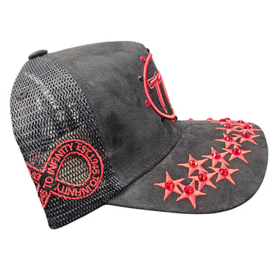 HUDSON SUEDE TRUCKER HAT WITH RHINESTONES BLACK/RED