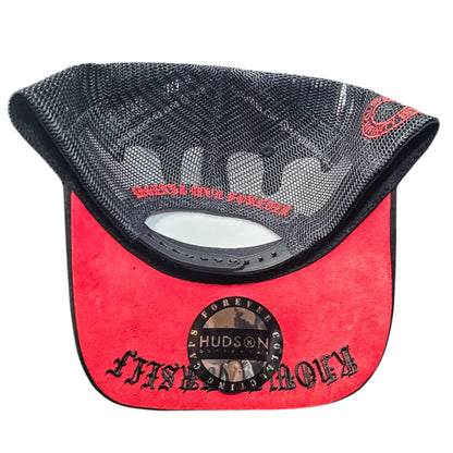 HUDSON SUEDE TRUCKER HAT WITH RHINESTONES BLACK/RED