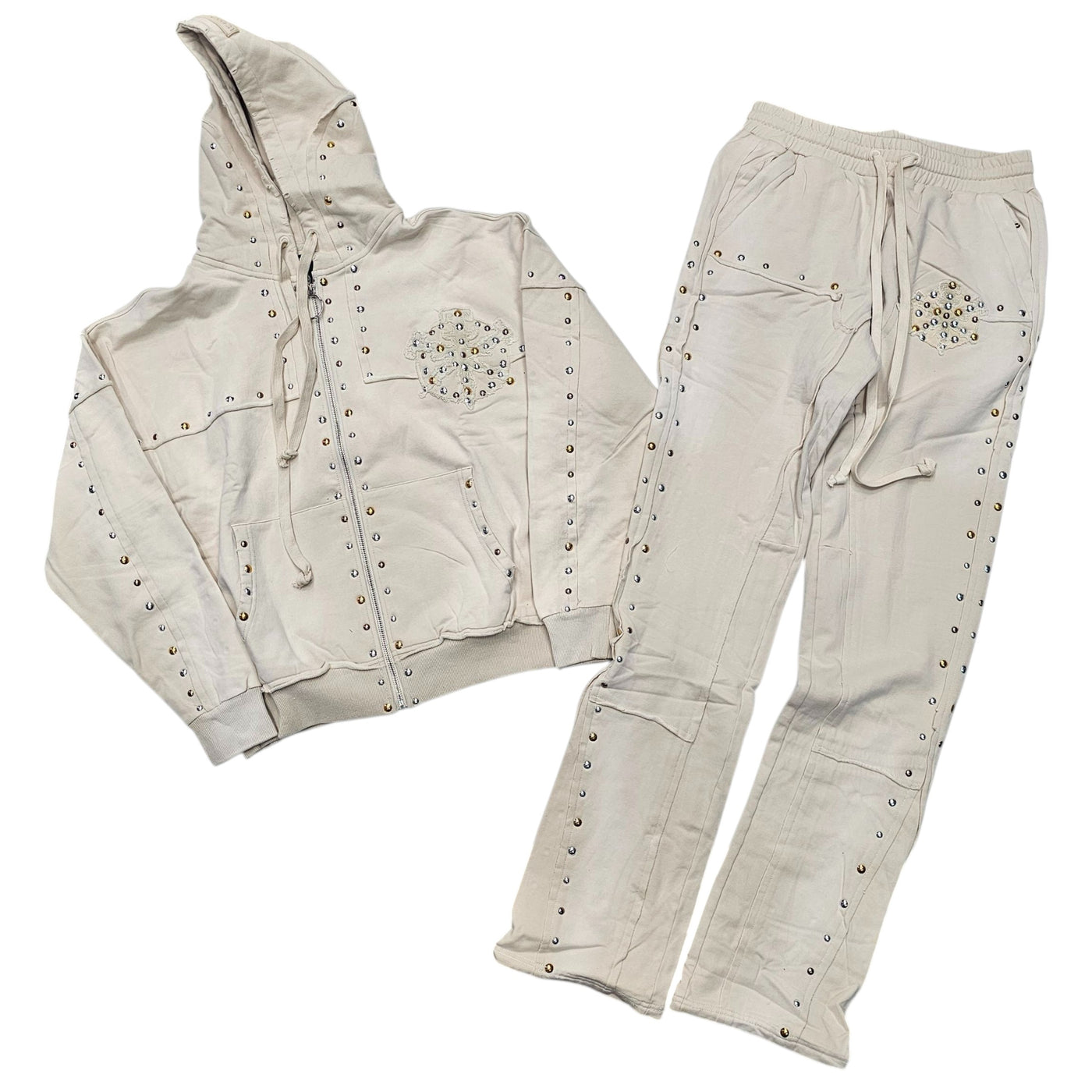 HUDSON STUDDED FLEECE STACKED SWEATSUIT CREAM
