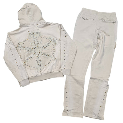 HUDSON STUDDED FLEECE STACKED SWEATSUIT CREAM