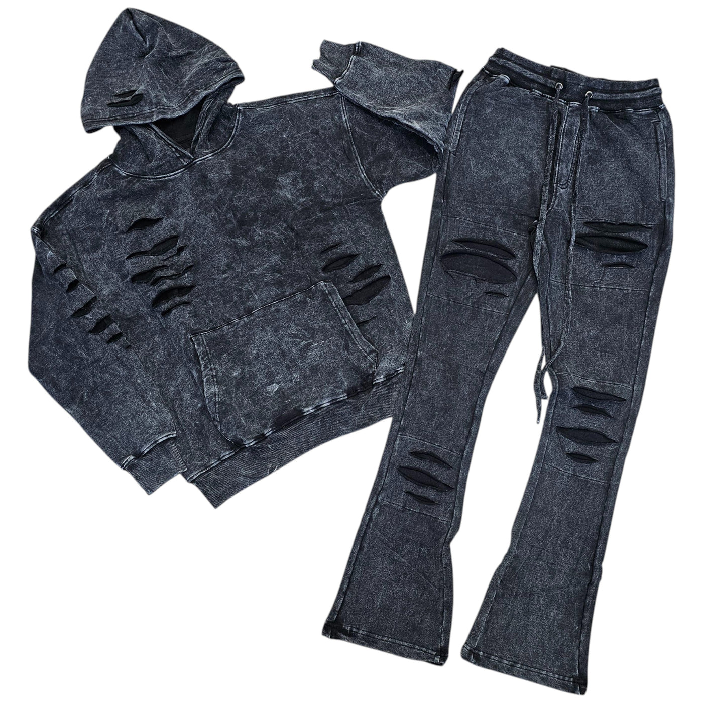 REBEL RIPPED ACID WASH STACKED SET BLACK