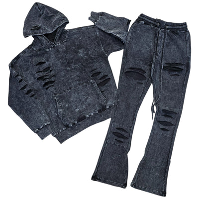 REBEL RIPPED ACID WASH STACKED SET BLACK