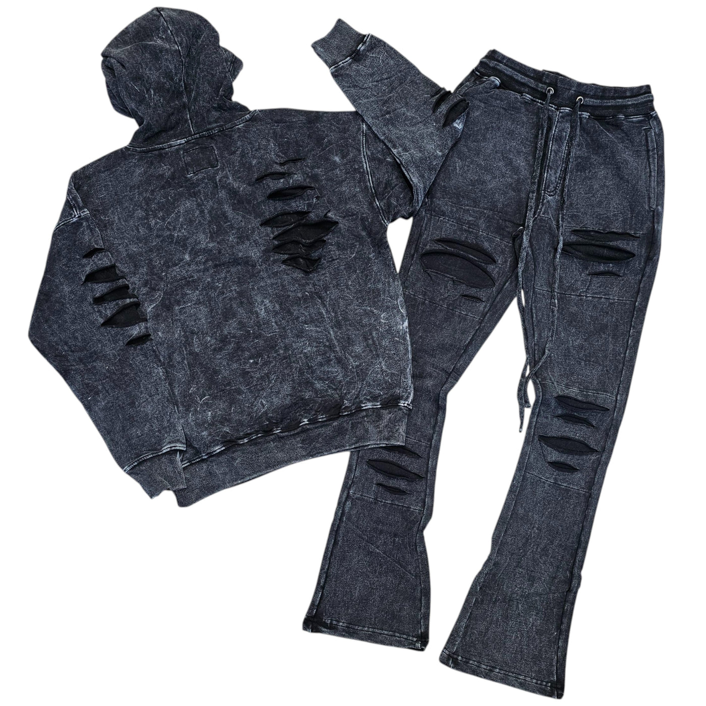 REBEL RIPPED ACID WASH STACKED SET BLACK