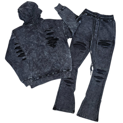 REBEL RIPPED ACID WASH STACKED SET BLACK