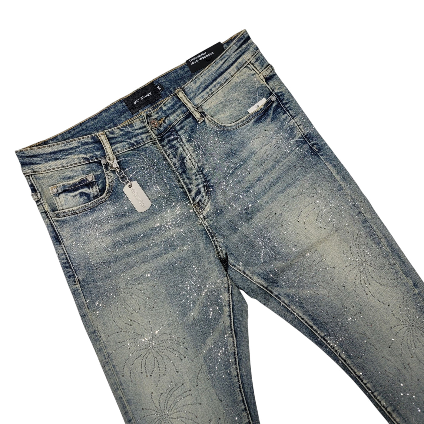 MAX KROME MEN'S SKINNY RHINESTONE JEANS MED BLUE 3034