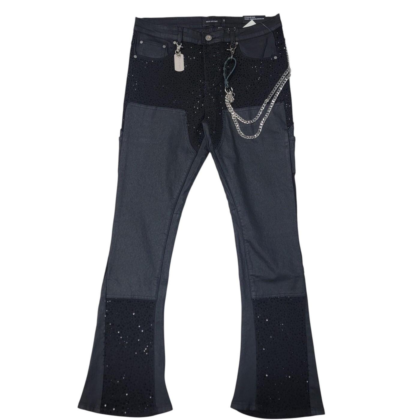 MAX KROME MEN STACKED RHINESTONE JEANS BLACK KR-3039