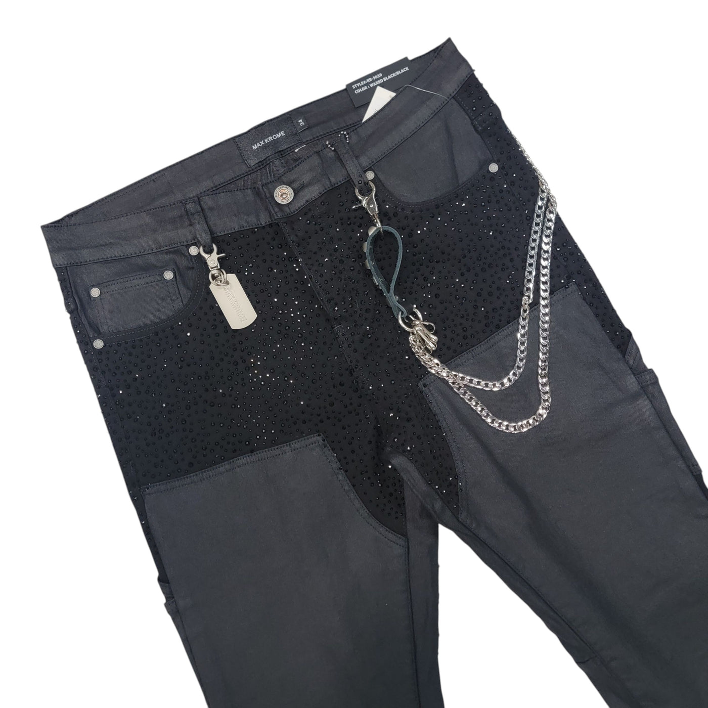 MAX KROME MEN STACKED RHINESTONE JEANS BLACK KR-3039