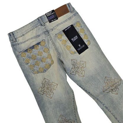 BLACK LIGHT MEN'S STACKED JEANS WITH RHINESTONES SAHARA 80508