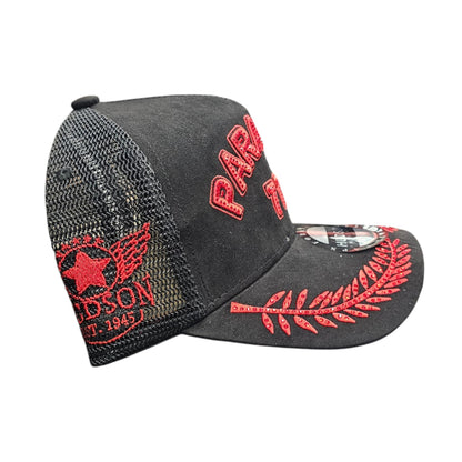 HUDSON PARADISE 777 TRUCKER HAT WITH RHINESTONES BLACK/RED
