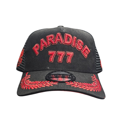 HUDSON PARADISE 777 TRUCKER HAT WITH RHINESTONES BLACK/RED