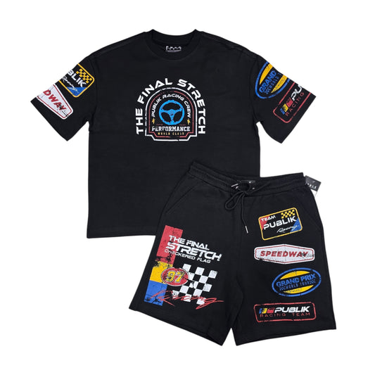 PUBLIC RACE PRINT PATCH SHORT SET BLACK