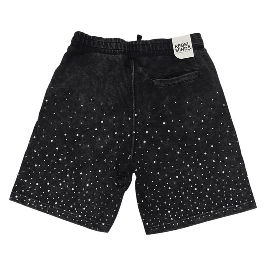 REBEL MINDS MEN'S SHORTS VINTAGE WASH WITH RHINESTONES BLACK