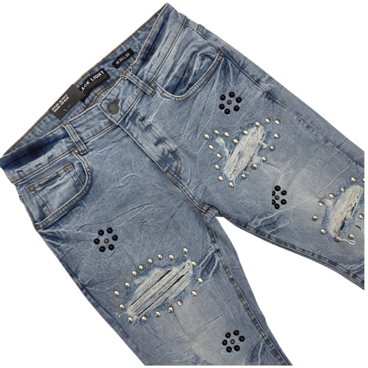 BLACK LIGHT MEN'S DENIM JEANS WITH STUDS ICE BLUE