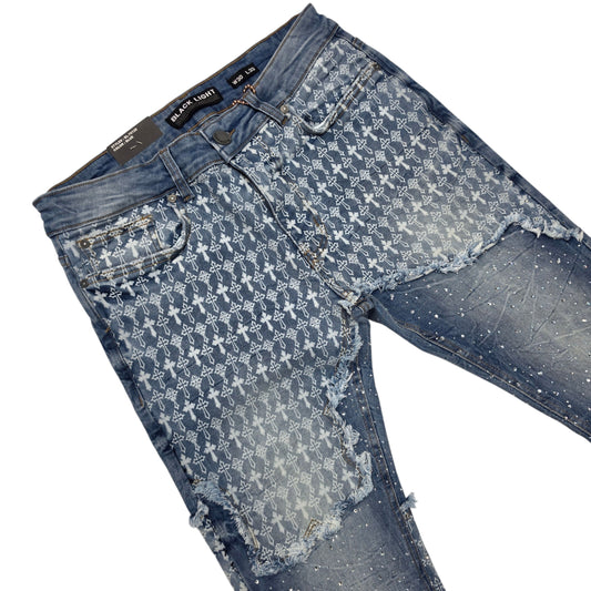 BLACK LIGHT MEN'S FLARE JEANS WITH RHINESTONES BLUE BL-70126