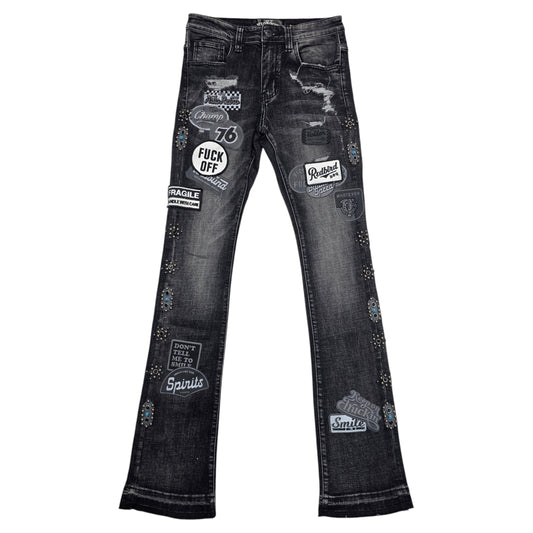 VICIOUS MEN'S PREMIUM FLARE DENIM JEANS PATCHES AND STONES