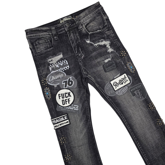 VICIOUS MEN'S PREMIUM FLARE DENIM JEANS PATCHES AND STONES