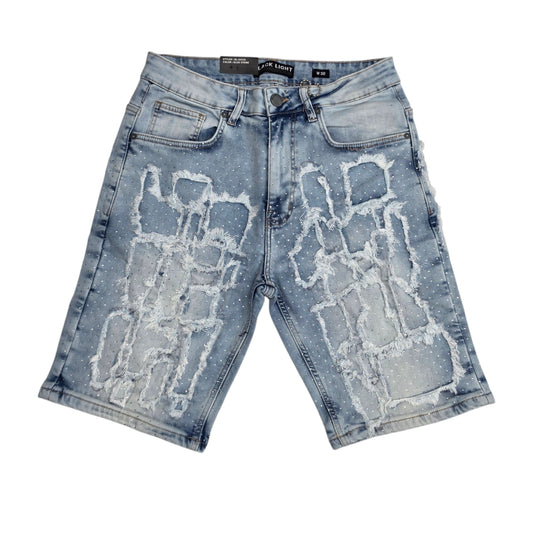 BLACK LIGHT MEN'S DENIM SHORTS RHINESTONES BL-26539 BLUE STONE