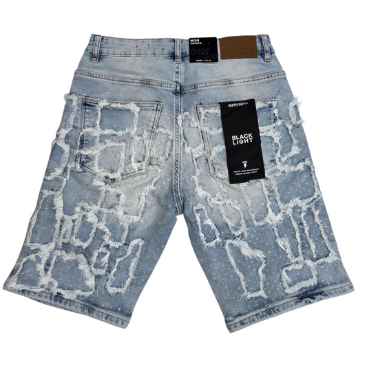 BLACK LIGHT MEN'S DENIM SHORTS RHINESTONES BL-26539 BLUE STONE
