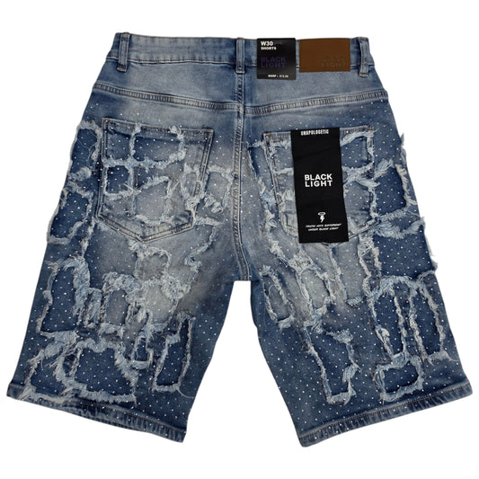 BLACK LIGHT MEN'S DENIM SHORTS RHINESTONES BL-26539 DK BLUE
