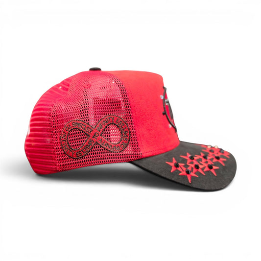 HUDSON SUEDE TRUCKER HAT WITH RHINESTONES RED/BLACK