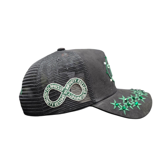 HUDSON SUEDE TRUCKER HAT WITH RHINESTONES BLACK/GREEN