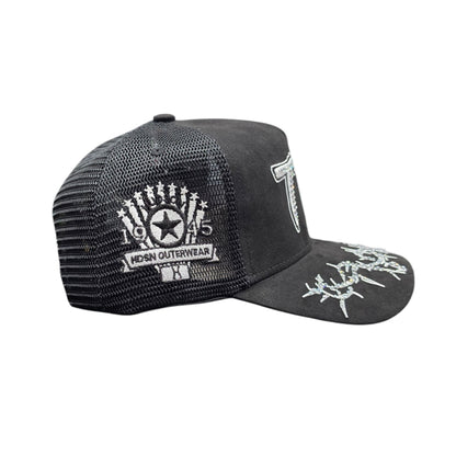 HUDSON SUEDE 777 TRUCKER HAT WITH RHINESTONES BLACK/WHITE