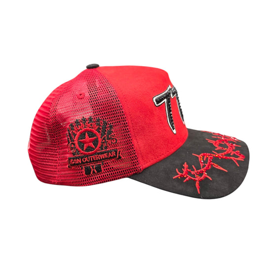 HUDSON SUEDE 777 TRUCKER HAT WITH RHINESTONES RED/BLACK