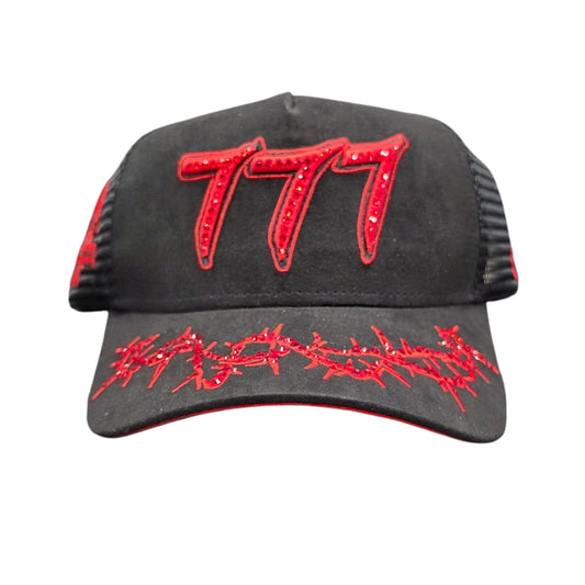 HUDSON SUEDE 777 TRUCKER HAT WITH RHINESTONES BLACK/RED