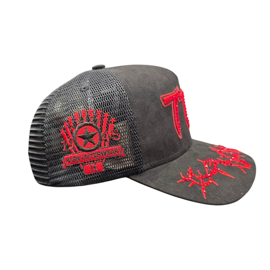 HUDSON SUEDE 777 TRUCKER HAT WITH RHINESTONES BLACK/RED