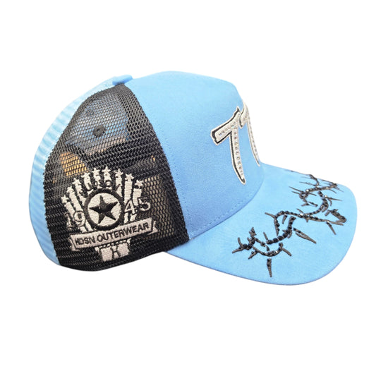 HUDSON SUEDE 777 TRUCKER HAT WITH RHINESTONES BABY BLUE