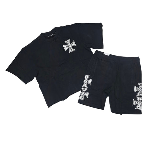 REBEL MINDS MEN'S SAINT CROSS ACID WASH SHORT SET BLACK