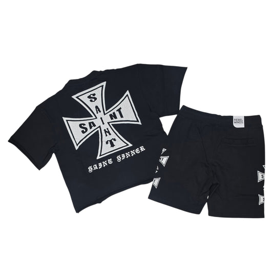 REBEL MINDS MEN'S SAINT CROSS ACID WASH SHORT SET BLACK