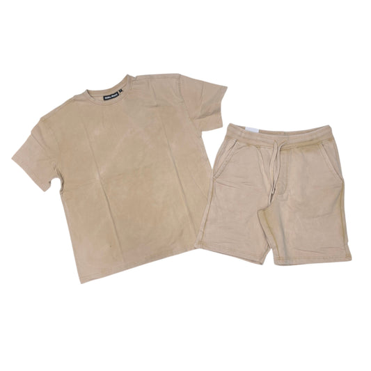 REBEL MINDS MEN'S ACID WASH SHORT SET BEIGE