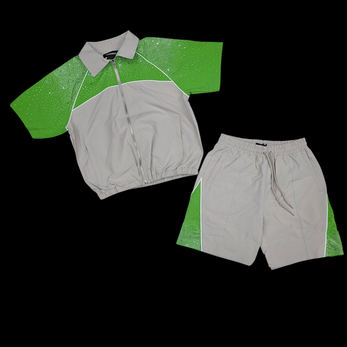 KINDRED MEN'S RHINESTONE NYLON SHORT SET STONE KHAKI/GREEN 2236S