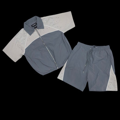 KINDRED MEN'S RHINESTONE NYLON SHORT SET STONE GREY/KHAKI 2236S