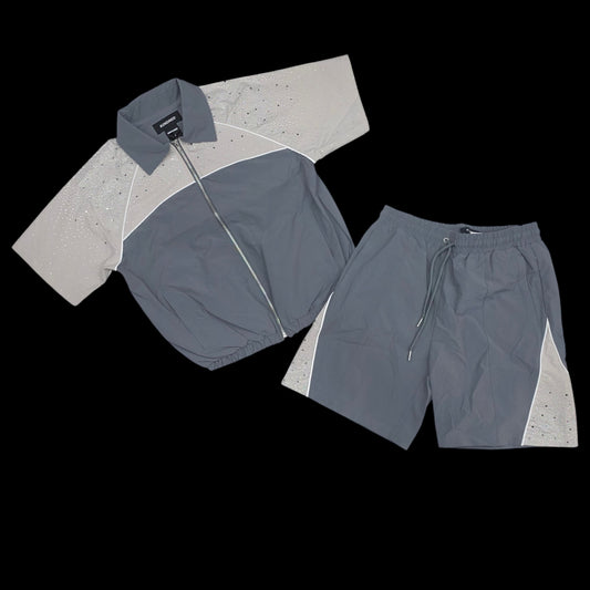 KINDRED MEN'S RHINESTONE NYLON SHORT SET STONE GREY/KHAKI 2236S