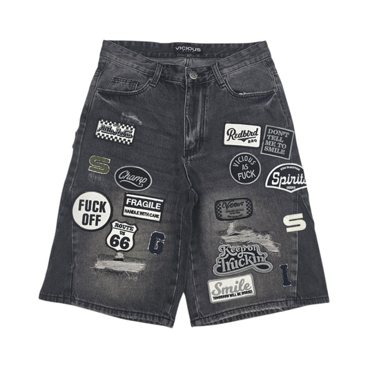 VICIOUS MEN'S PATCH DENIM SHORTS BLACK VC1271
