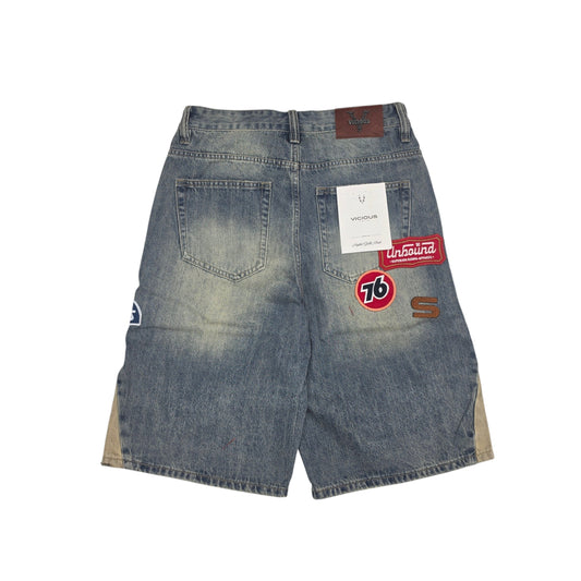 VICIOUS MEN'S PATCH DENIM SHORTS INDIGO VC1271