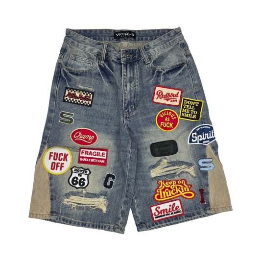 VICIOUS MEN'S PATCH DENIM SHORTS INDIGO VC1271