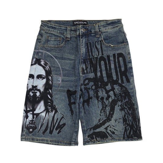 VICIOUS MEN'S OVERSIZED FAITH ARTWORK DENIM SHORTS VC1130 ANTIQUE BLUE