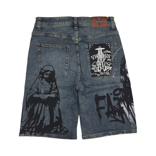 VICIOUS MEN'S OVERSIZED FAITH ARTWORK DENIM SHORTS VC1130 ANTIQUE BLUE