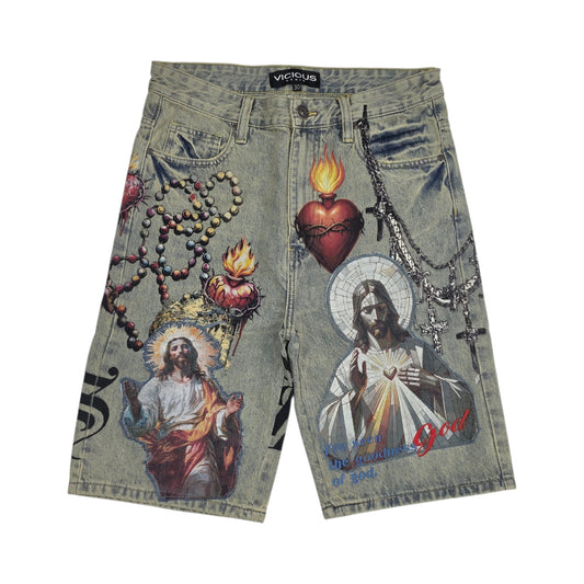 VICIOUS MEN'S OVERSIZED SACRED ART DENIM SHORTS VC1206 TINT BLUE