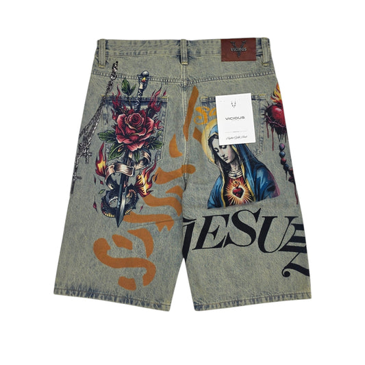 VICIOUS MEN'S OVERSIZED SACRED ART DENIM SHORTS VC1206 TINT BLUE
