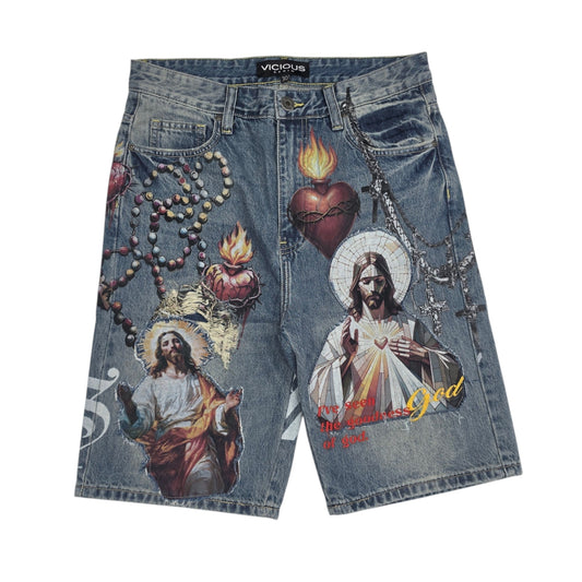 VICIOUS MEN'S OVERSIZED SACRED ART DENIM SHORTS VC1206 INDIGO