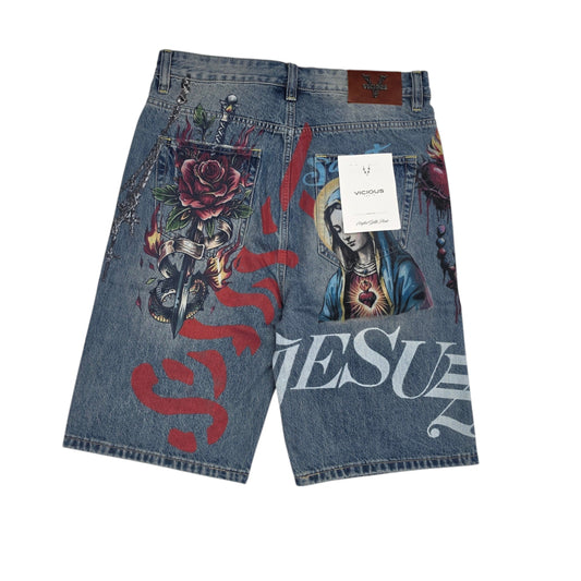 VICIOUS MEN'S OVERSIZED SACRED ART DENIM SHORTS VC1206 INDIGO