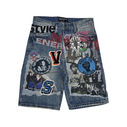 VICIOUS MEN'S OVERSIZED COLLAGE PATCH DENIM SHORTS VC1213 MD BLUE
