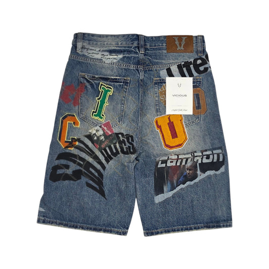 VICIOUS MEN'S OVERSIZED COLLAGE PATCH DENIM SHORTS VC1213 MD BLUE