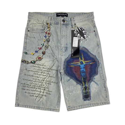 VICIOUS MEN'S OVERSIZED CROSS GRAPHIC DENIM SHORTS LIGHT TINT VC1210