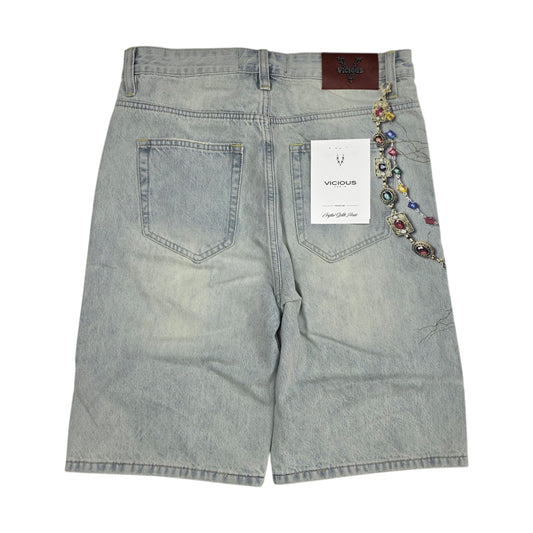 VICIOUS MEN'S OVERSIZED CROSS GRAPHIC DENIM SHORTS LIGHT TINT VC1210